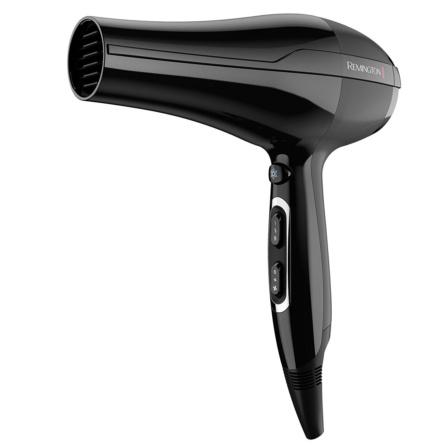 Schwarzer Haartrockner mit Remington-Logo. Drei Knöpfe am Griff. Düse und Griff sind abgewinkelt.