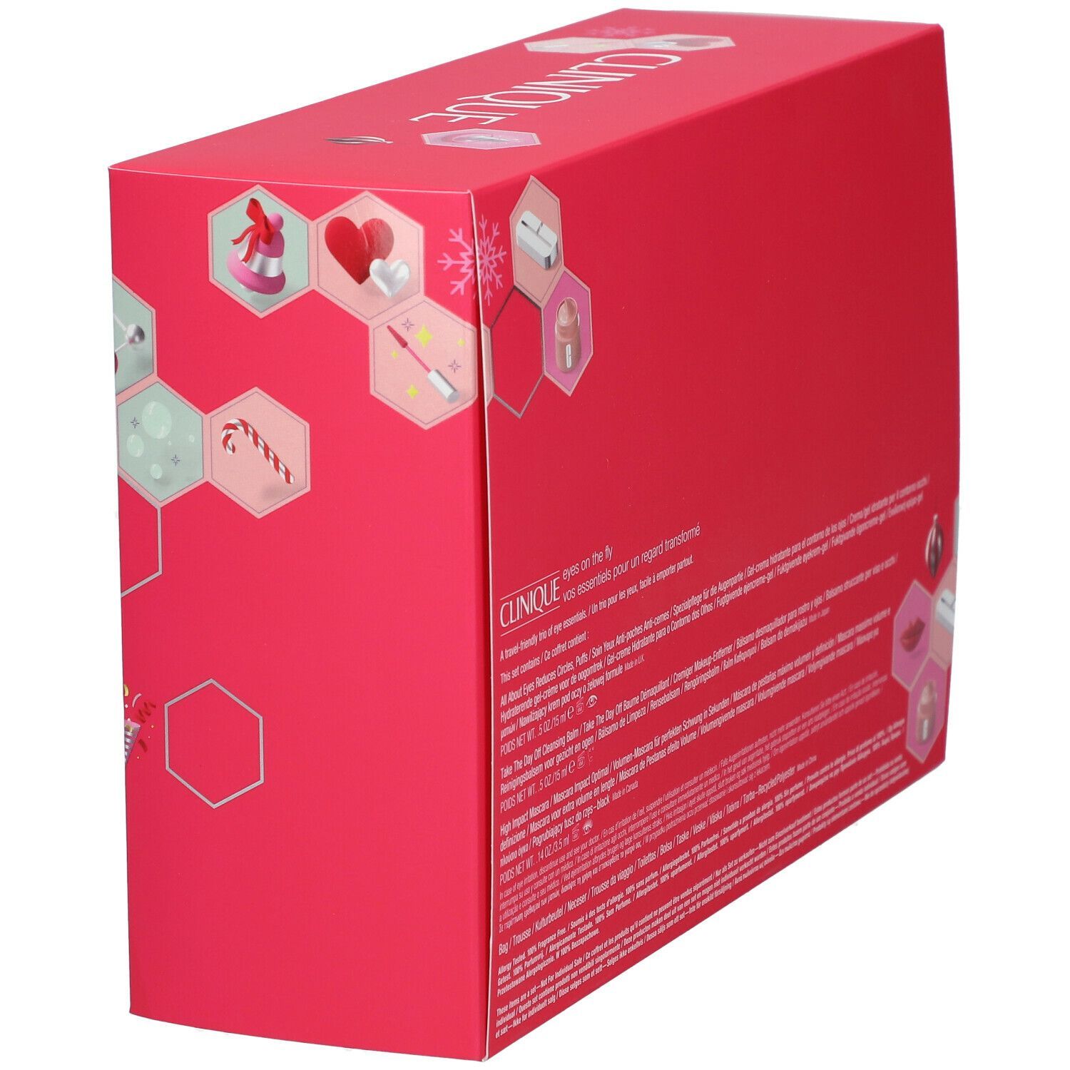 Geschenkset CLINIQUE Eyes on the fly. Rosa Verpackung mit Text und Produktinformationen. Winkelansicht.