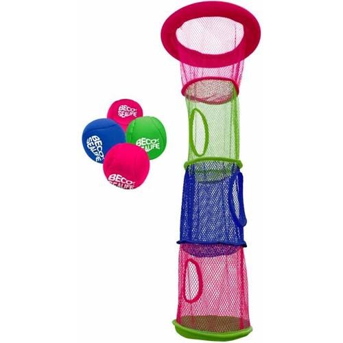 Tauchspiel mit Netz und Bällen. Netz in Pink, Grün und Blau. Bälle in Pink, Blau und Grün mit Logo. Beco Sealife.