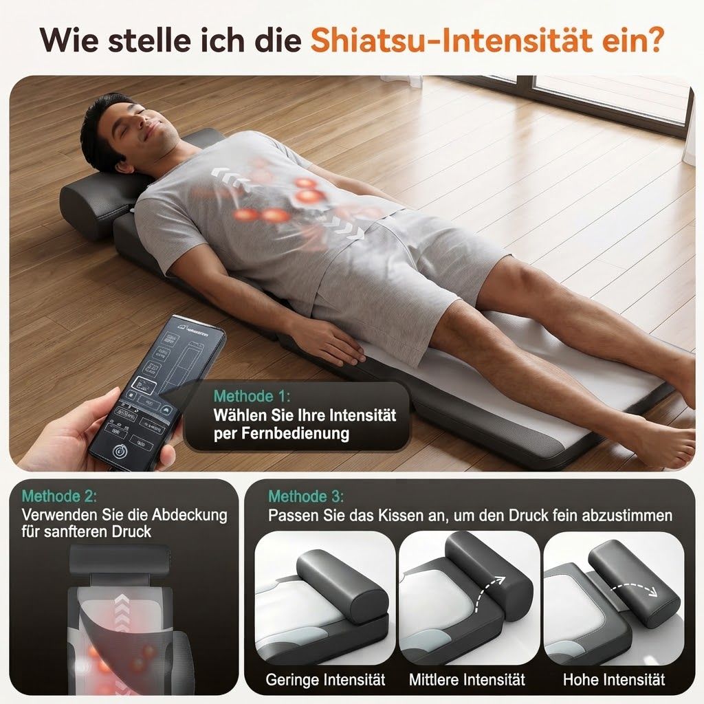 Frau entspannt auf Massagematte mit Graphen-Heiztechnologie und 3 Heizstufen.