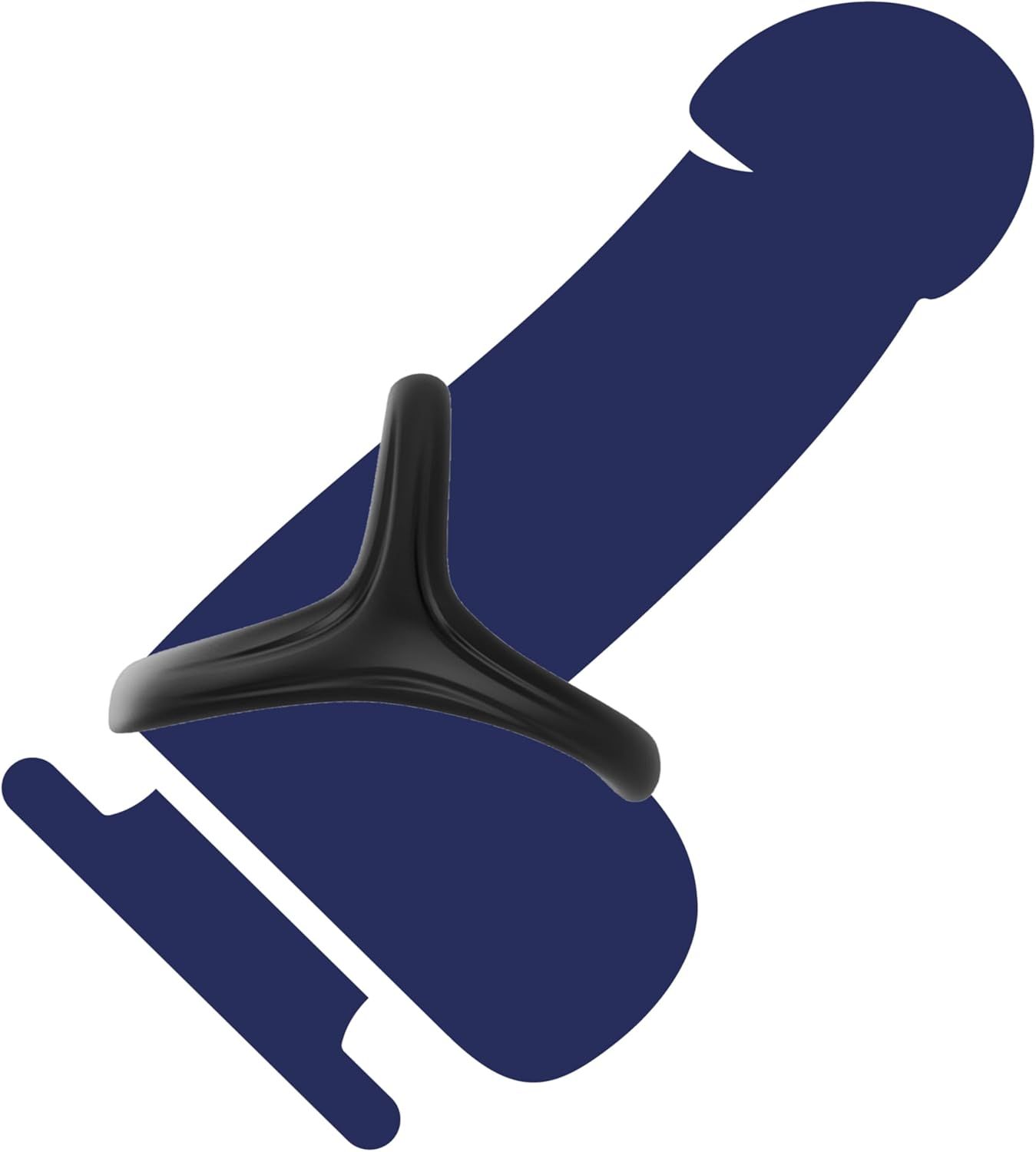 Schwarzer Penisring in dreieckiger Form. Auf blauem Penis-Umriss dargestellt.