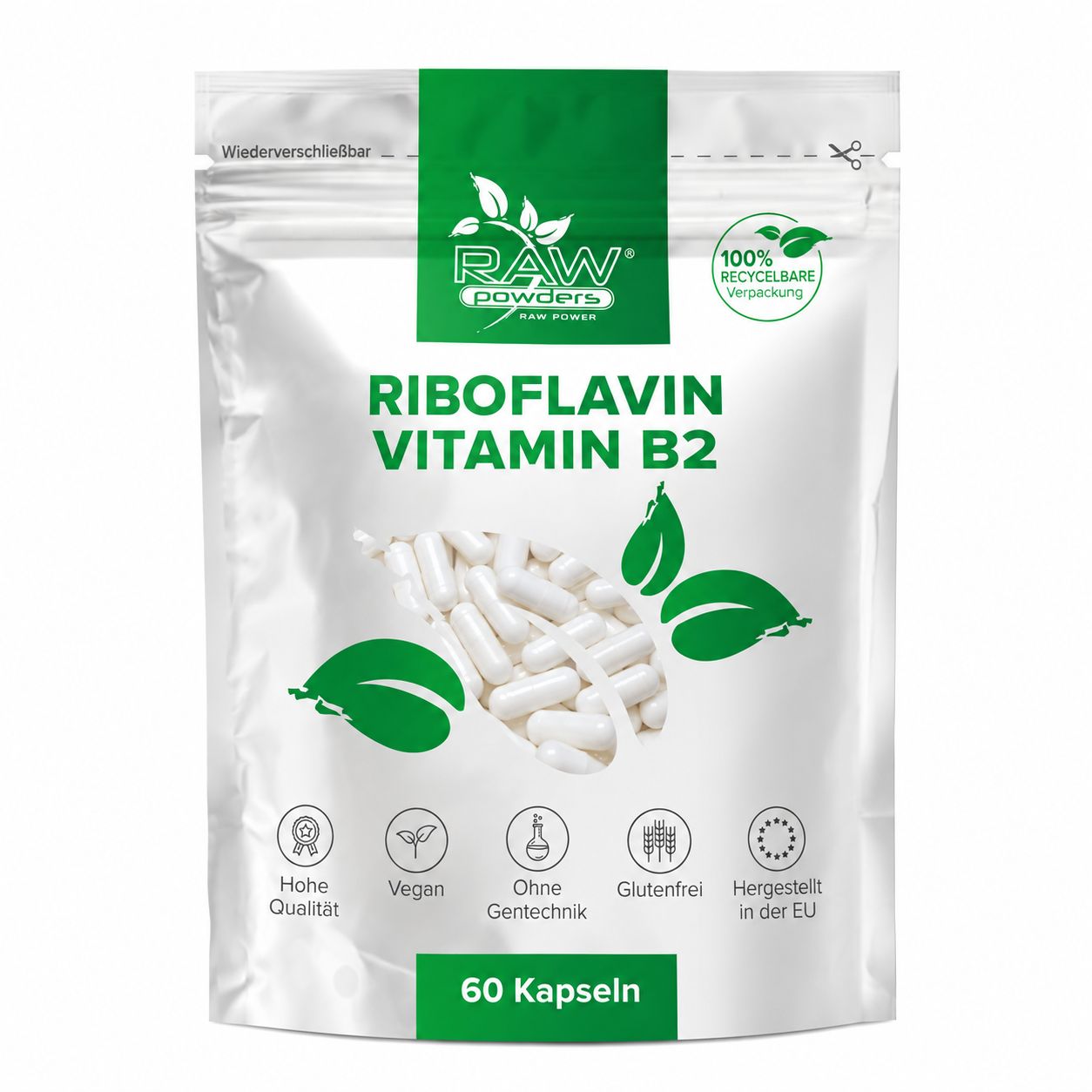Raw Powders Riboflavin Vitamin B2, 60 Kapseln.