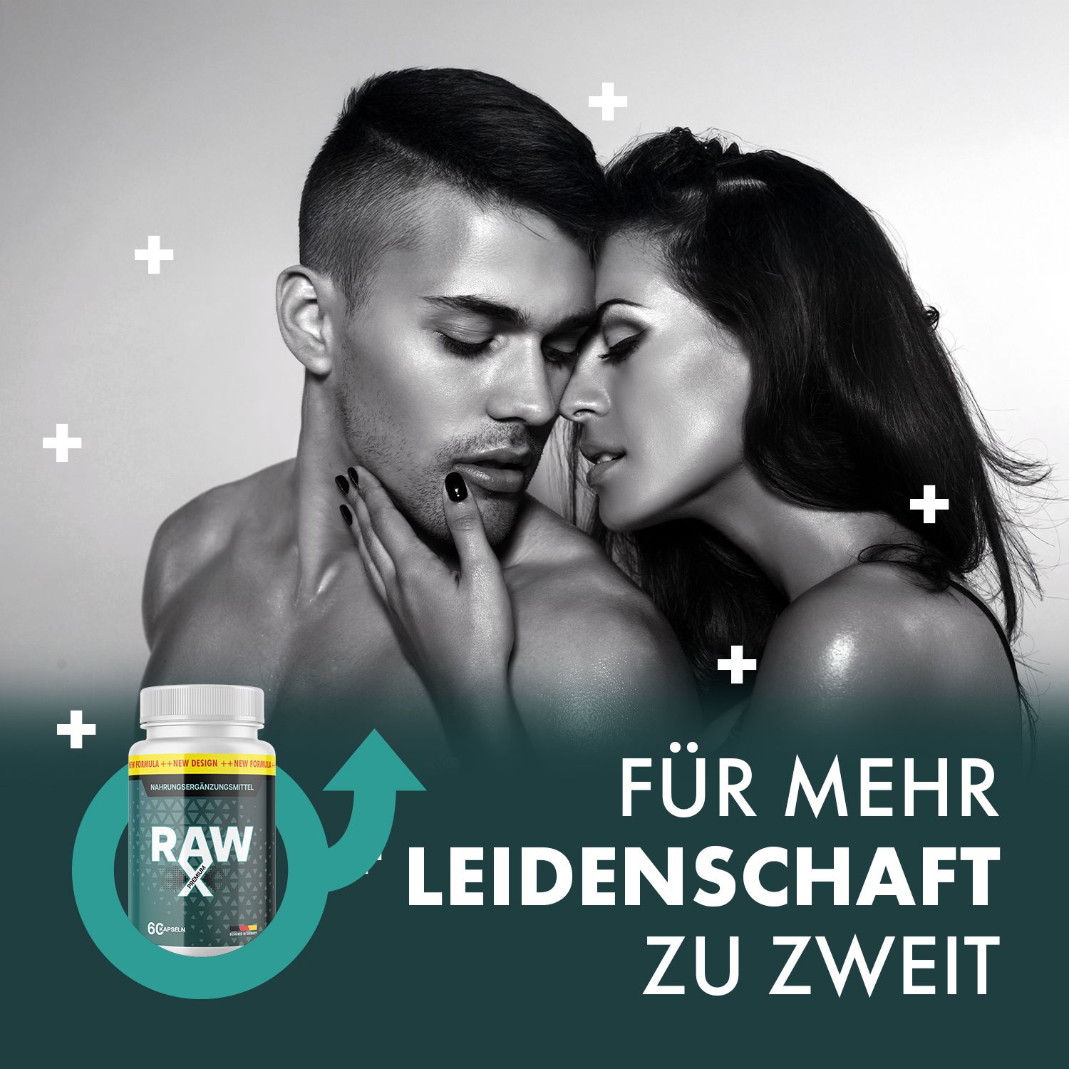 Paar umarmt sich. Dose RAW X Premium. Text: Für mehr Leidenschaft zu zweit. Grüner Hintergrund mit weißen Pluszeichen.