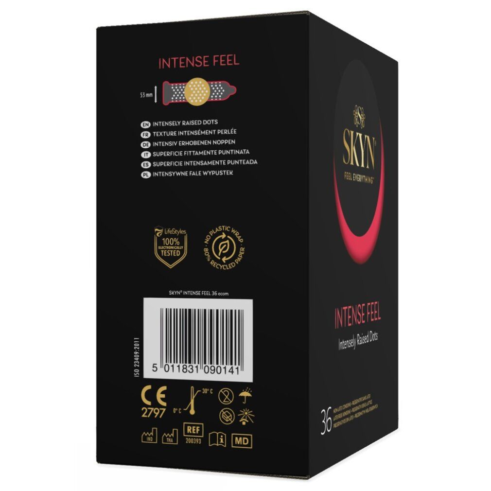 Rückseite der schwarzen Verpackung. Produktname, Barcode, Zertifizierungen und Informationen. "Intense Feel" und "36" sind sichtbar.