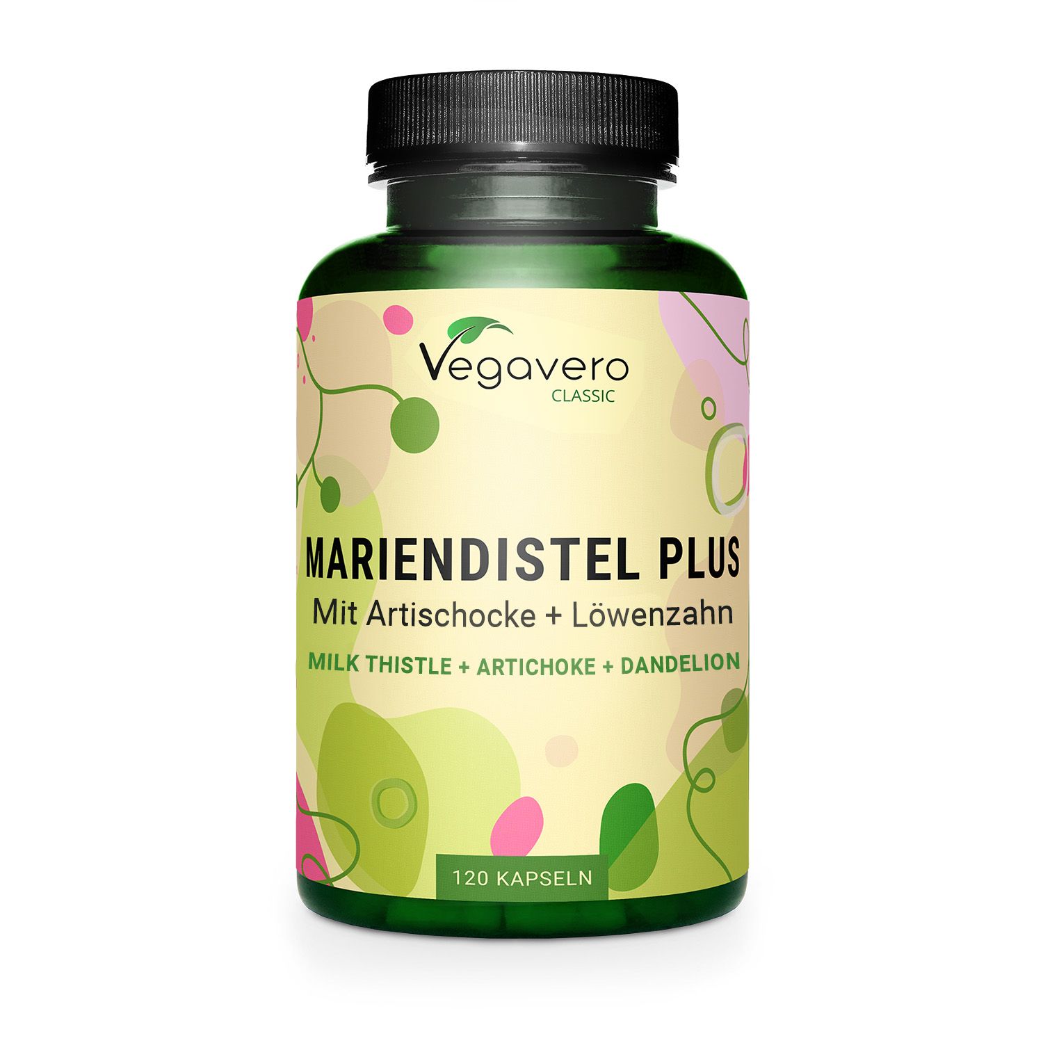Grüne Flasche mit Kapseln. Aufschrift: Mariendistel Plus, 120 Kapseln. Vegavaro Classic Logo.