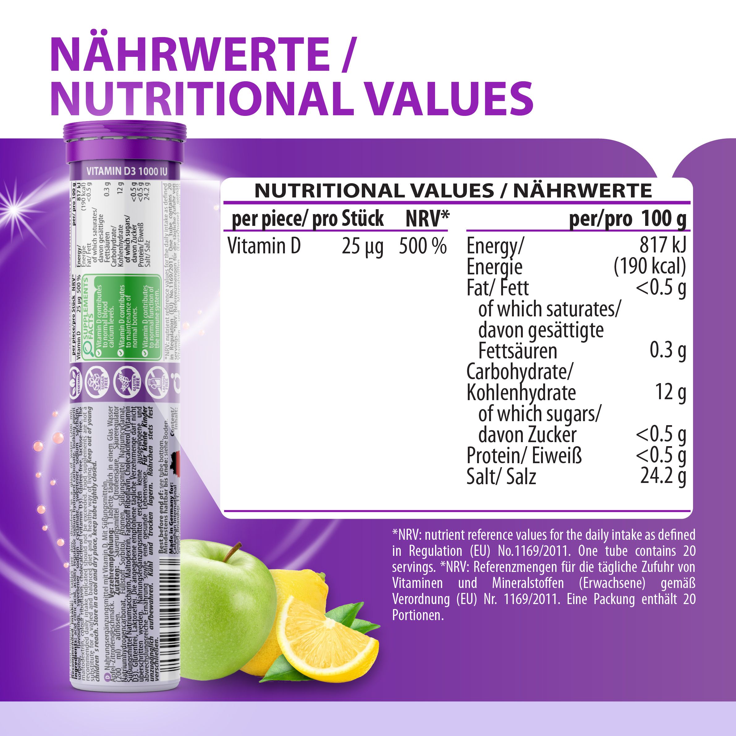 Tube EVÄM Vitamin D3 Brausetabletten mit Text: Nährwerte / Nutritional Values. Tabelle mit Nährwertangaben. Äpfel und Zitrone.
