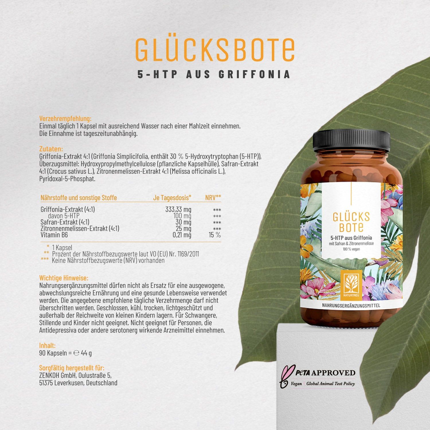Braune Flasche mit Kapseln. Aufschrift: GLÜCKS BOTE, 5-HTP aus Griffonia. Inhaltsangaben, Dosierung. PETA-Logo.