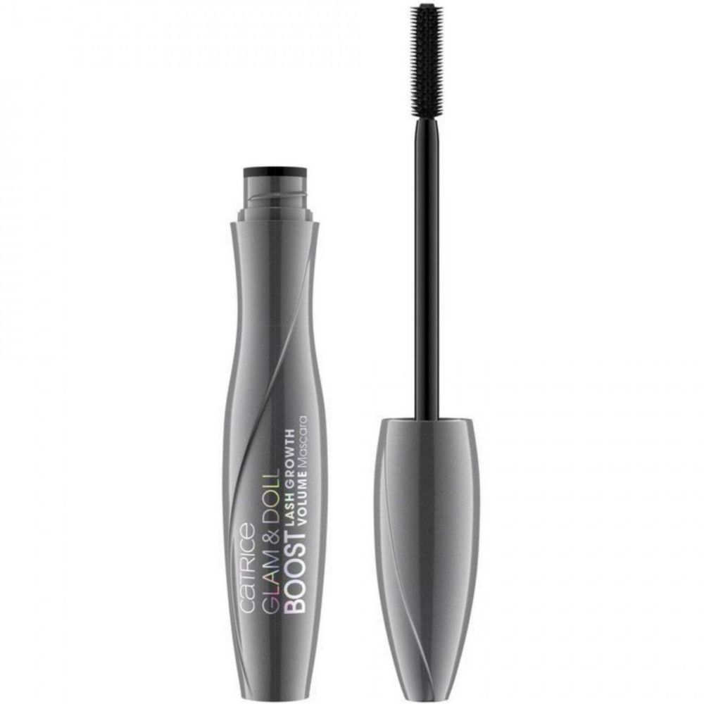 Graue Mascarabürste mit schwarzer Bürste. Aufschrift: Catrice Glam & Doll Lash Growth Volume Booster.