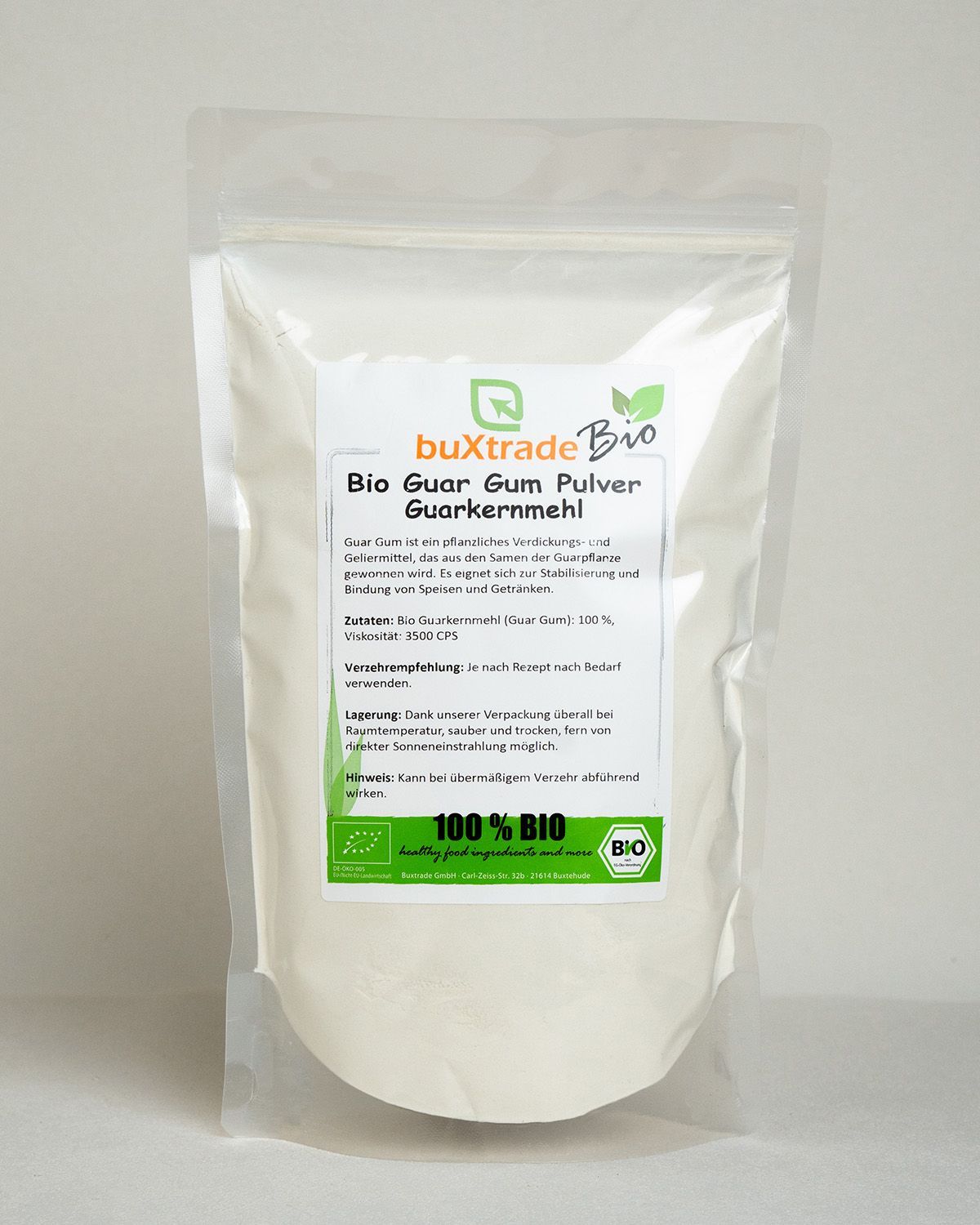 Verpackung von buxtrade Bio Guar Gum Pulver, 100% Bio.