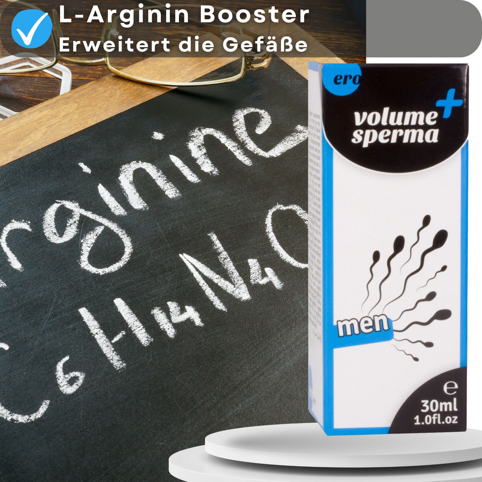 Produktflasche und Verpackung neben Tafel. Verpackung mit "volume sperma" und Logo "ero".