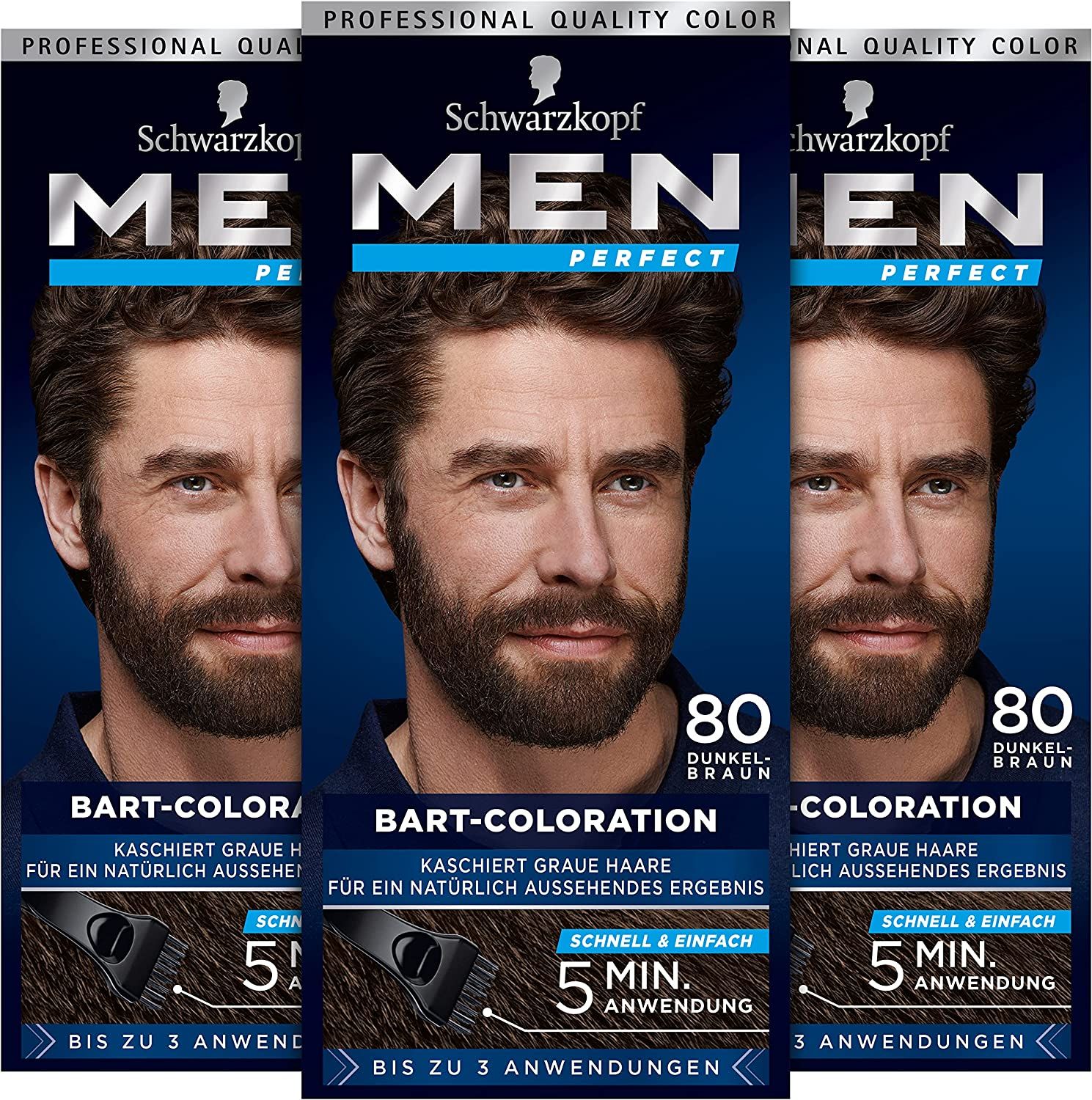 Drei Packungen Bart-Coloration. Auf jeder Packung ist ein Mann mit Bart abgebildet. Text: Men Perfect, 80 Dunkel-Braun.