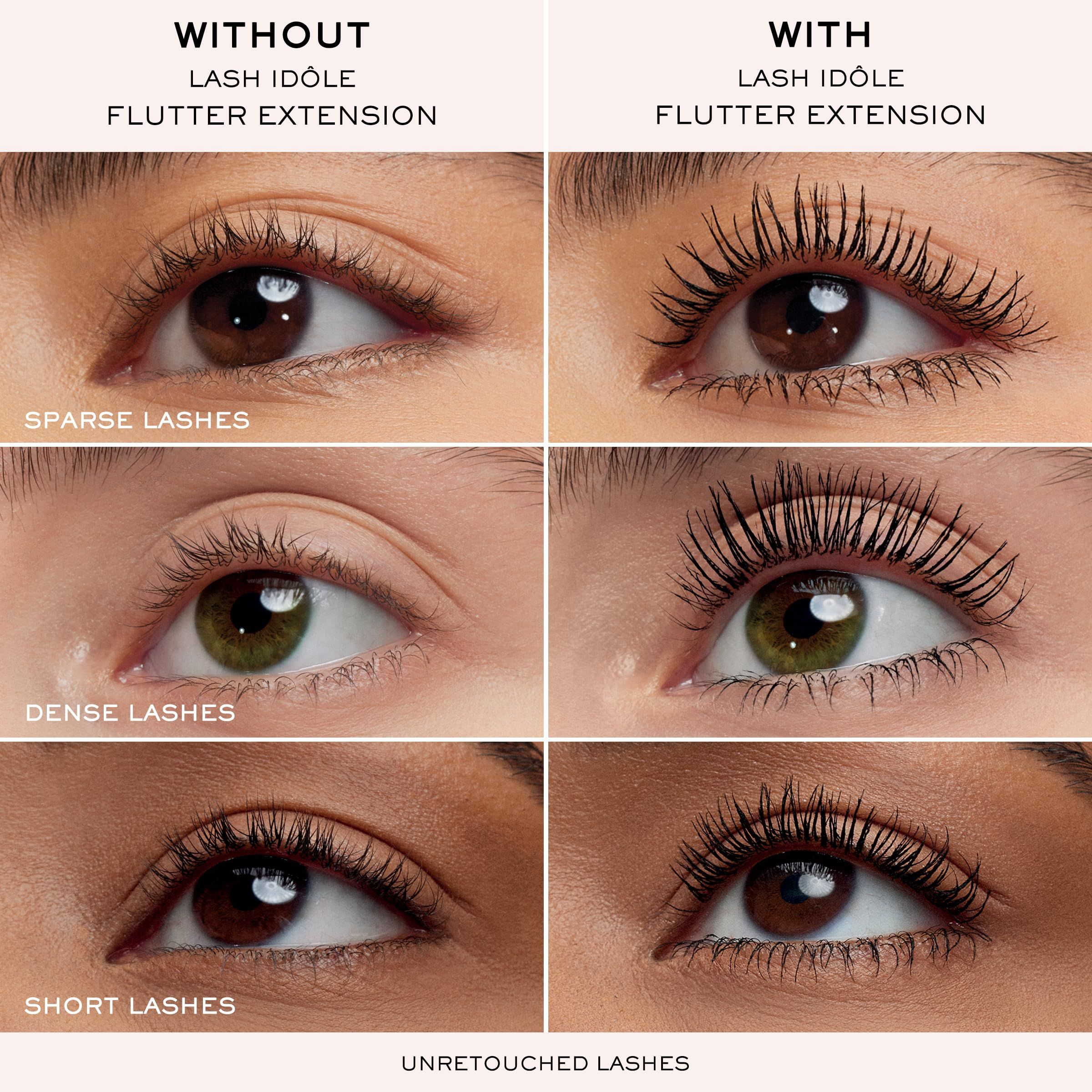 Vergleich von Wimpern vor und nach der Anwendung von Mascara. Drei Augenpaare. Ergebnisse: dichtere, längere Wimpern.