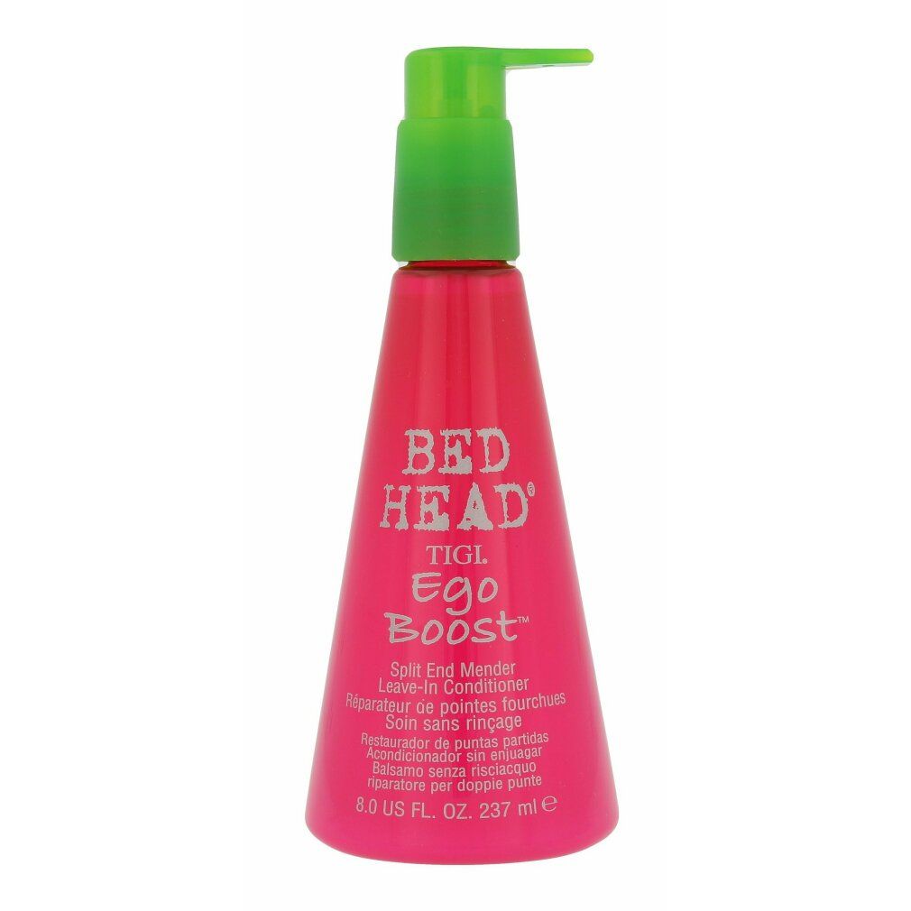 Rosa Flasche mit grünem Pumpkopf. Aufschrift: BED HEAD, TIGI, Ego Boost. Text in mehreren Sprachen. Volumen: 8.0 US FL. OZ., 237 ml.