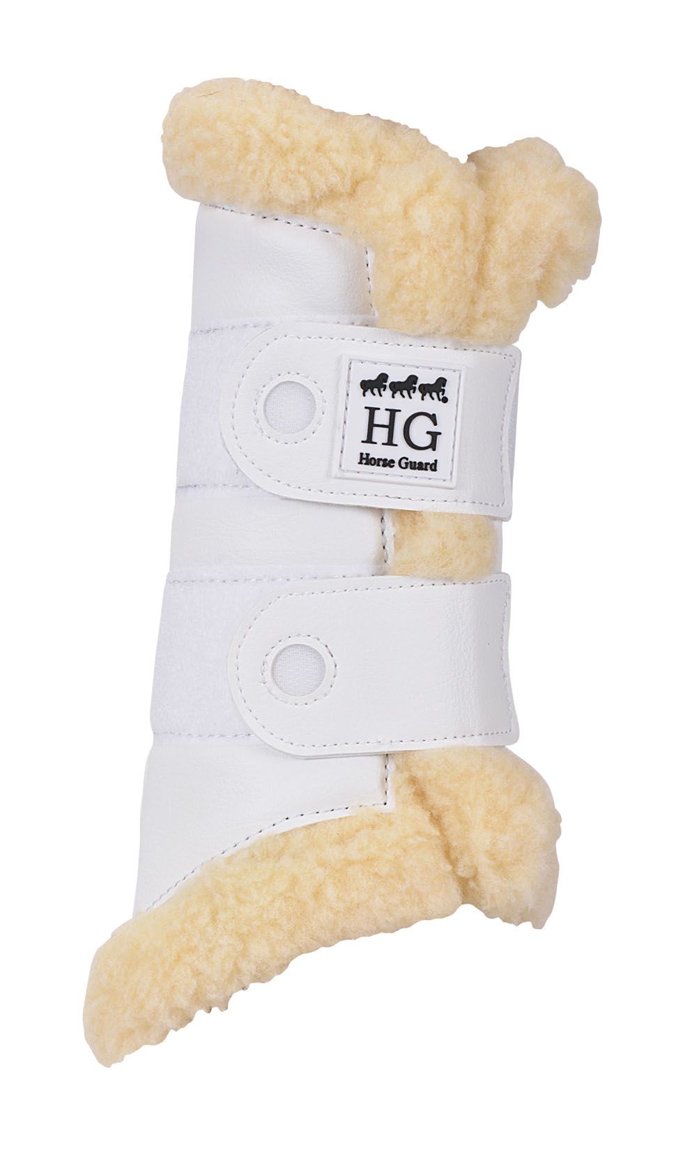 Weiße Sehnenschoner mit Fellfutter und Klettverschlüssen. Logo "HG Horse Guard".