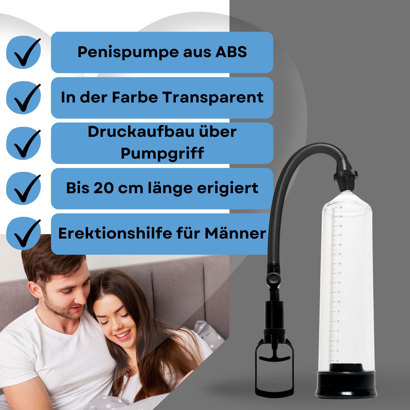 Penispumpe mit Pumpball. Transparentes Gehäuse, schwarze Basis und Schlauch. Paar im Bett.