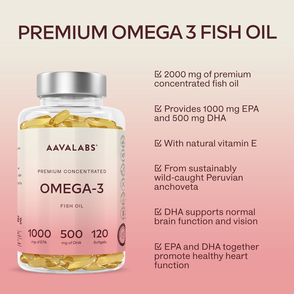 Omega-3-Fischöl-Flasche mit Text. Enthält 1000 mg EPA, 500 mg DHA. Mit Vitamin E.