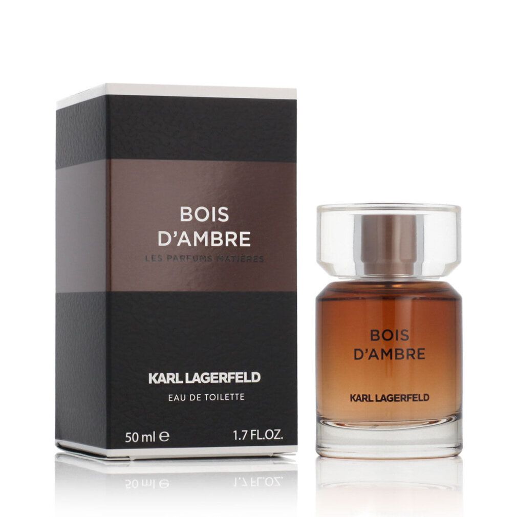 Parfümflakon und Verpackung. Aufschrift: Bois d'Ambre, Karl Lagerfeld. Verpackung: schwarz, braun. Flakon: bernsteinfarben.
