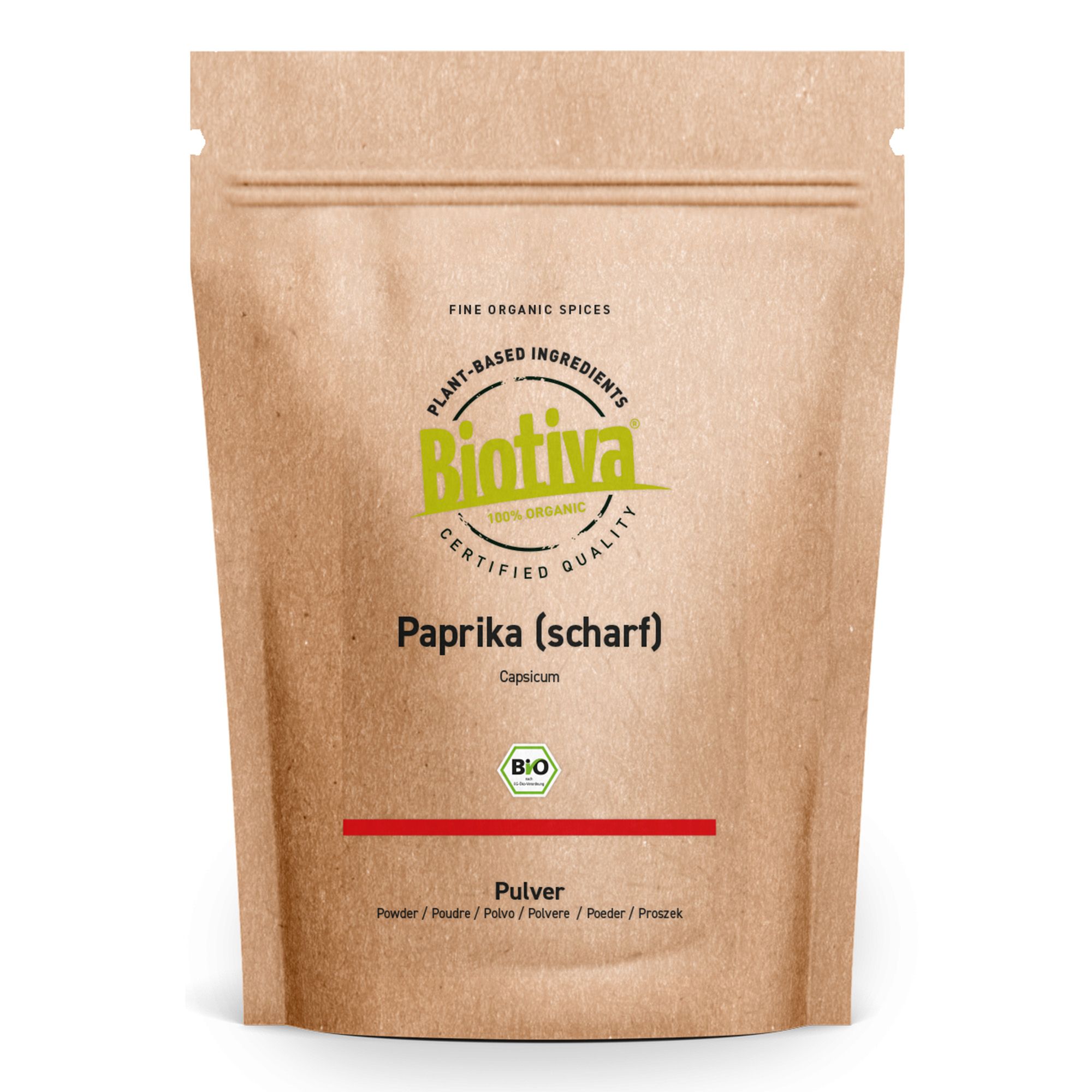 Beutel mit Biotiva Paprika scharf gemahlen Bio. Brauner Beutel mit Reißverschluss. Logo und Produktbezeichnung.