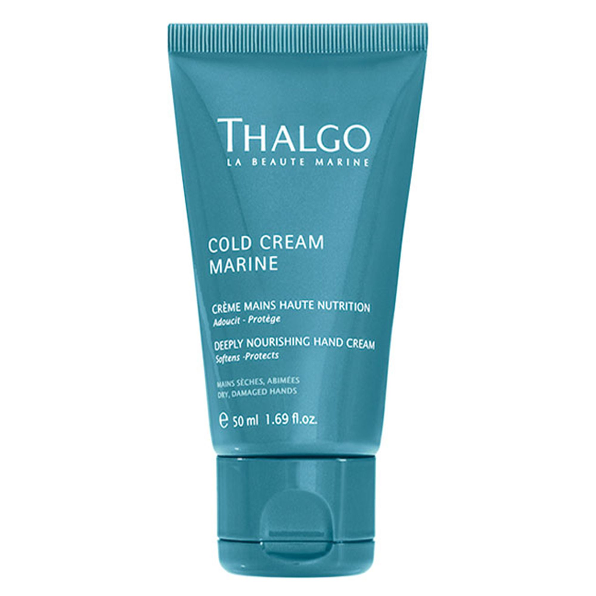 Türkisblaue Tube mit Produktinformationen. Aufschrift: THALGO, Cold Cream Marine, Deeply Nourishing Hand Cream. Volumen: 50 ml.