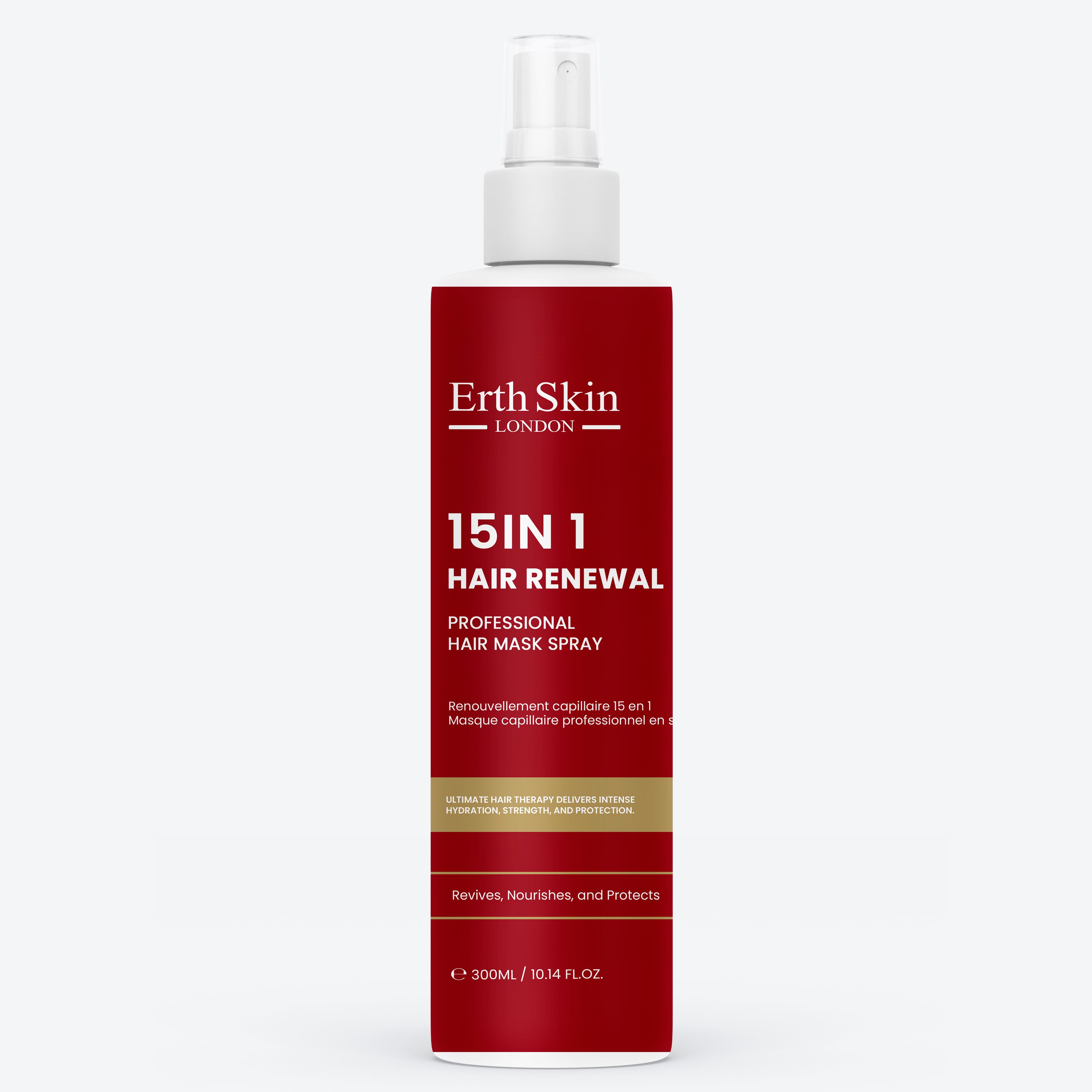 Rote Sprühflasche mit weißem Sprühkopf. Aufschrift: Erth Skin London, 15 in 1 Hair Renewal, professionelles Haarmaskenspray.