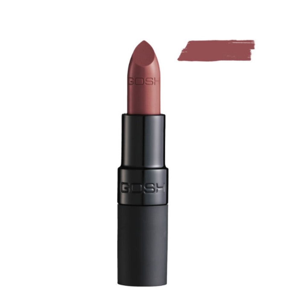 GOSH Lippenstift in mattem Braunrot mit schwarzem Gehäuse und Farbmuster.