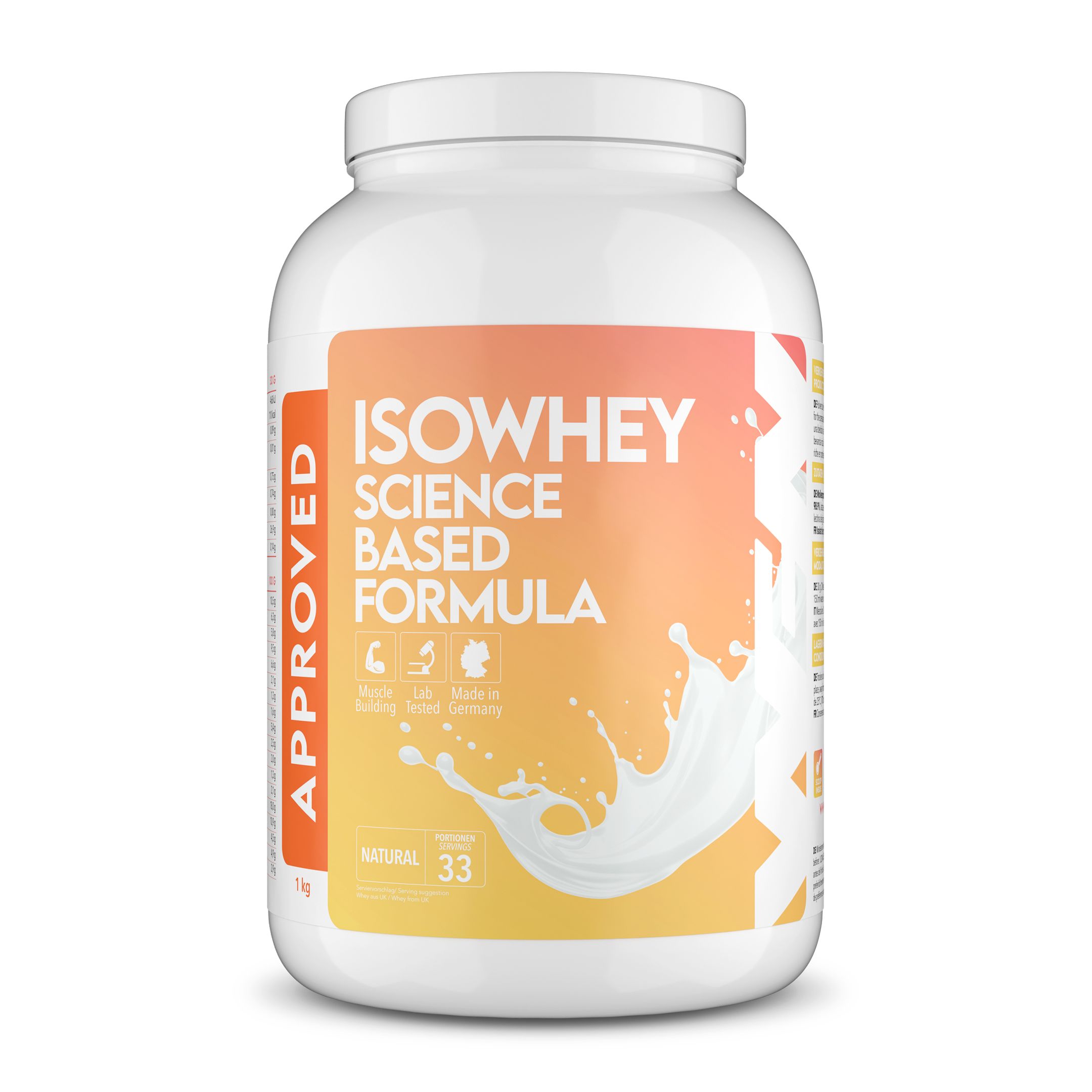 Weiße Dose ISOWHEY mit orangefarbenem Etikett. Text: ISOWHEY Science Based Formula. 33 Portionen. Mit Milchspritzer.