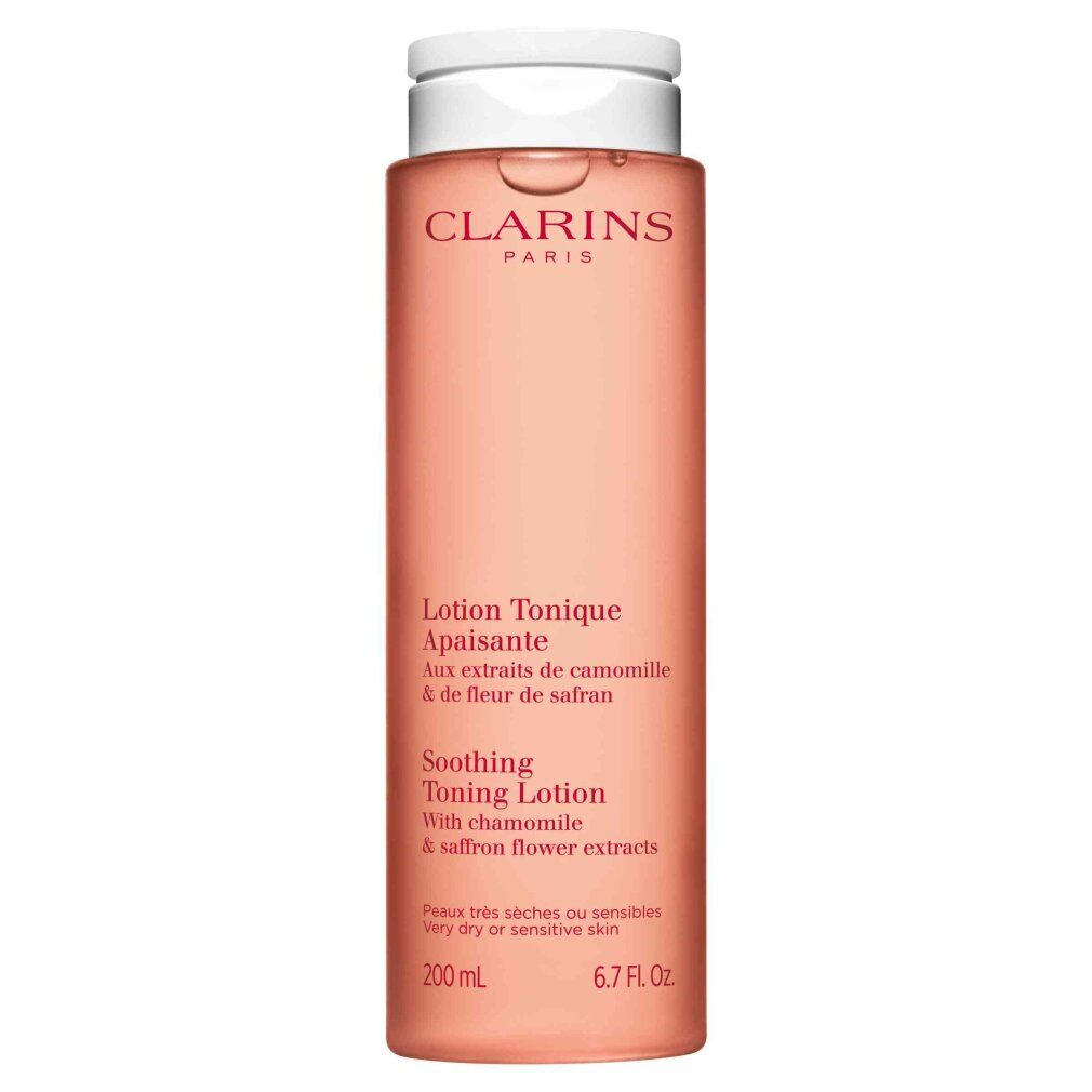 Clarins Beruhigende Tonic Lotion in einer durchsichtigen Flasche mit weißem Klappdeckel. Rosa Flüssigkeit. 200 ml.