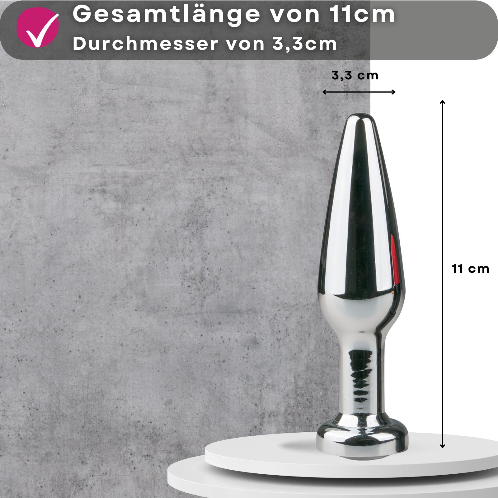 Produktabbildung mit Text: Gesamtlänge von 11cm, Durchmesser von 3,3cm. Analplug.