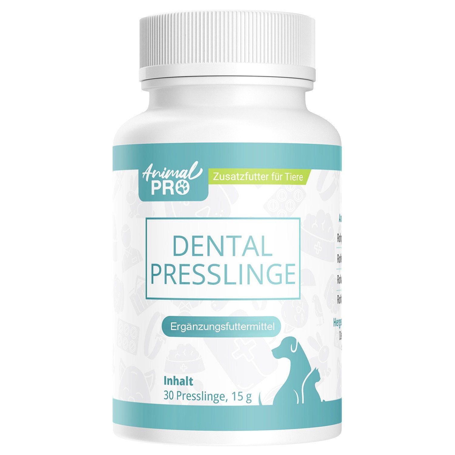 Flasche Animal Pro Dental Presslinge, Vorderseite mit Produktinformationen.