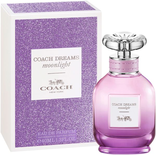 Coach Dreams Moonlight Flakon und Schachtel. Flakon aus Glas, rosa-violett. Schachtel mit Glitzereffekt. Text: Coach, Dreams Moonlight.