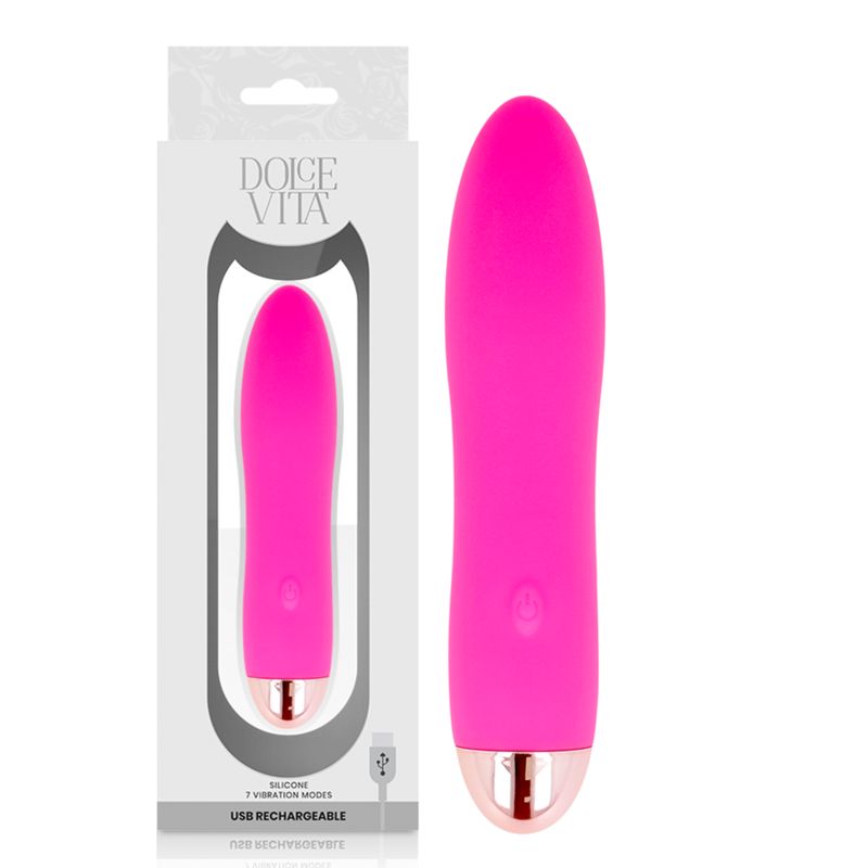 Verpackung mit pinkem Silikon-Vibrator. Beschriftung: Dolce Vita, USB Rechargeable.