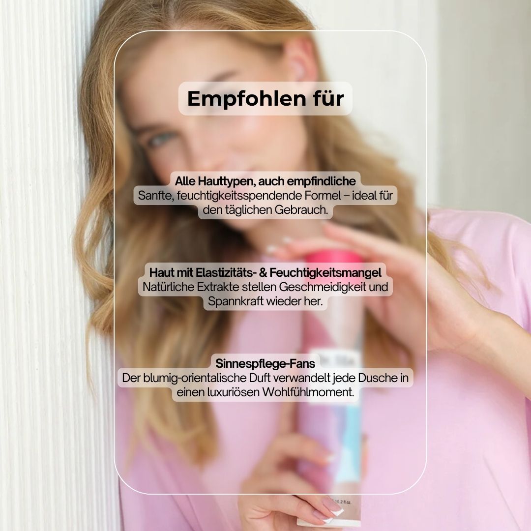 Frau hält Duschgel-Flasche. Text: Dr. SEA, Moisturising Shower Gel. Empfohlen für alle Hauttypen, auch empfindliche Haut.