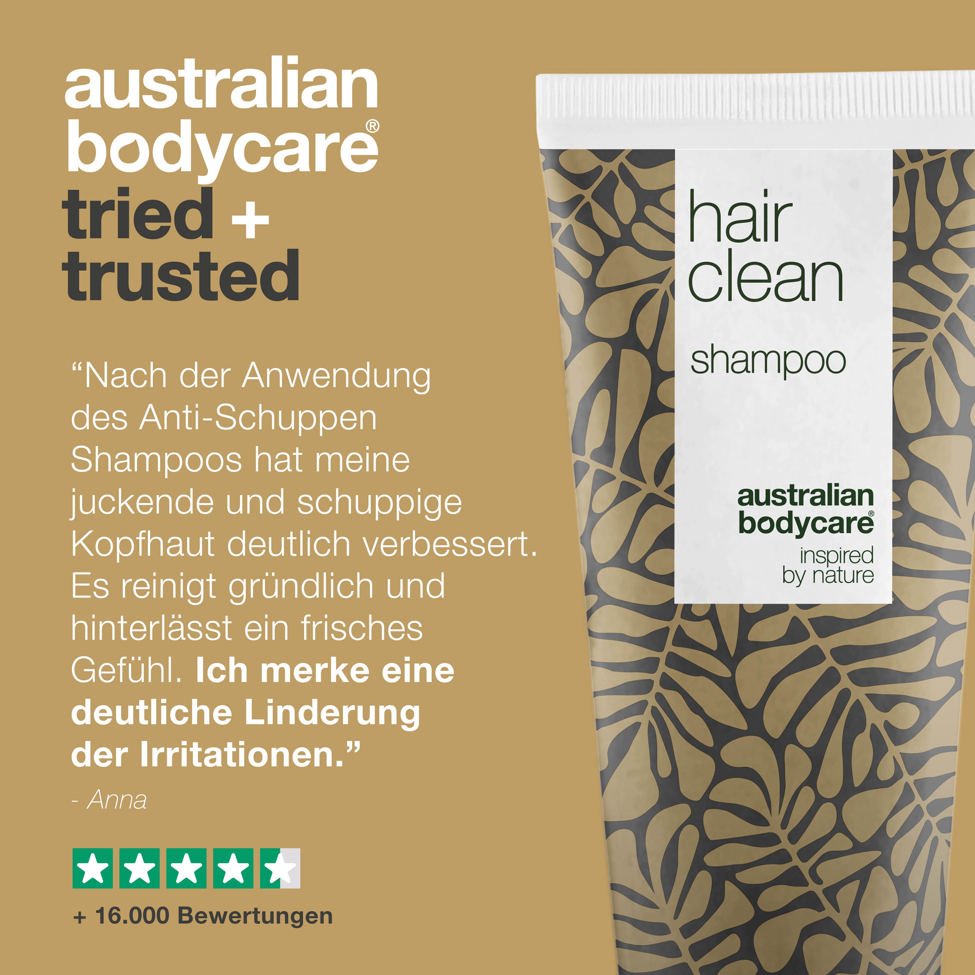 Produkt-Tube. Aufschrift: hair clean shampoo, australian bodycare, Erfahrungsbericht.