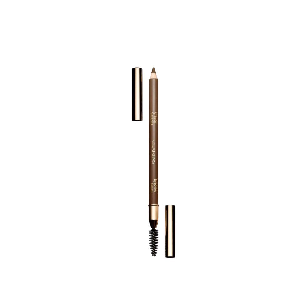 Augenbrauenstift mit Bürste und Kappe. Marke Clarins. Farbe Soft Blond. Aufschrift: Eyebrow Pencil.