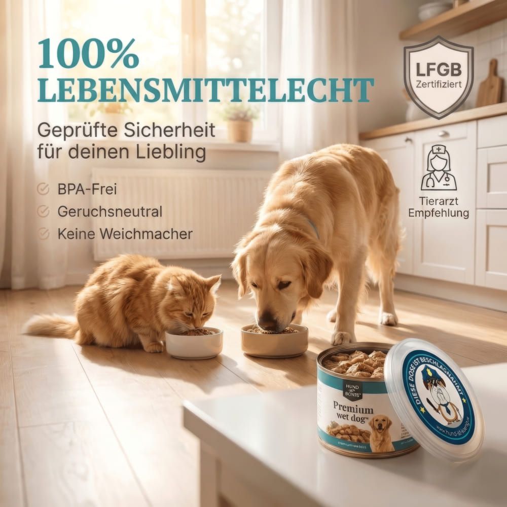 Hunde und Katzen fressen aus Näpfen. Dose mit Deckel daneben. Aufschrift: "100% lebensmittelecht". LFGB-Zertifizierung.