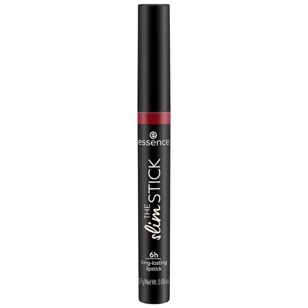 Schwarzer Lippenstiftstift mit roter Lippenstiftspitze. Aufschrift: Essence, The Slim Stick, 6h long-lasting lipstick.