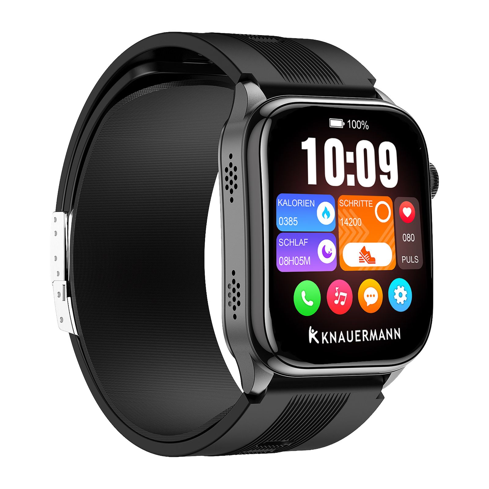 Senioren-Smartwatch mit schwarzem Armband. Anzeige: Uhrzeit, Datum, Kalorien (0385), Schritte (14200), Schlaf (08h05m), Puls. Knauermann Logo.