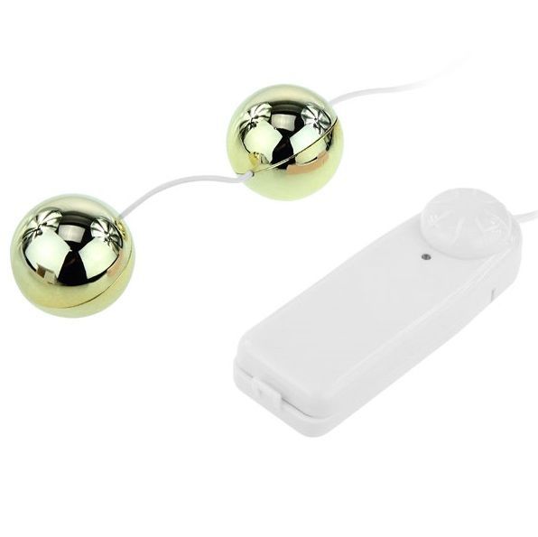Goldener Vibrator mit zwei Kugeln und weißem Steuergerät.