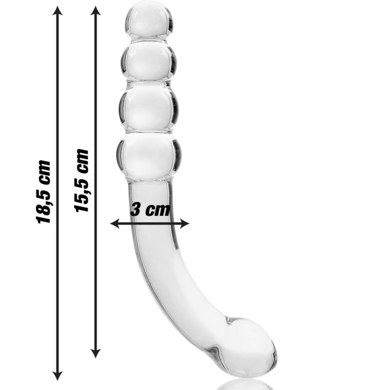 Borosilikatglas-Dildo mit Maßen: Gesamtlänge 18,5 cm, nutzbare Länge 15,5 cm, maximaler Durchmesser 3 cm.