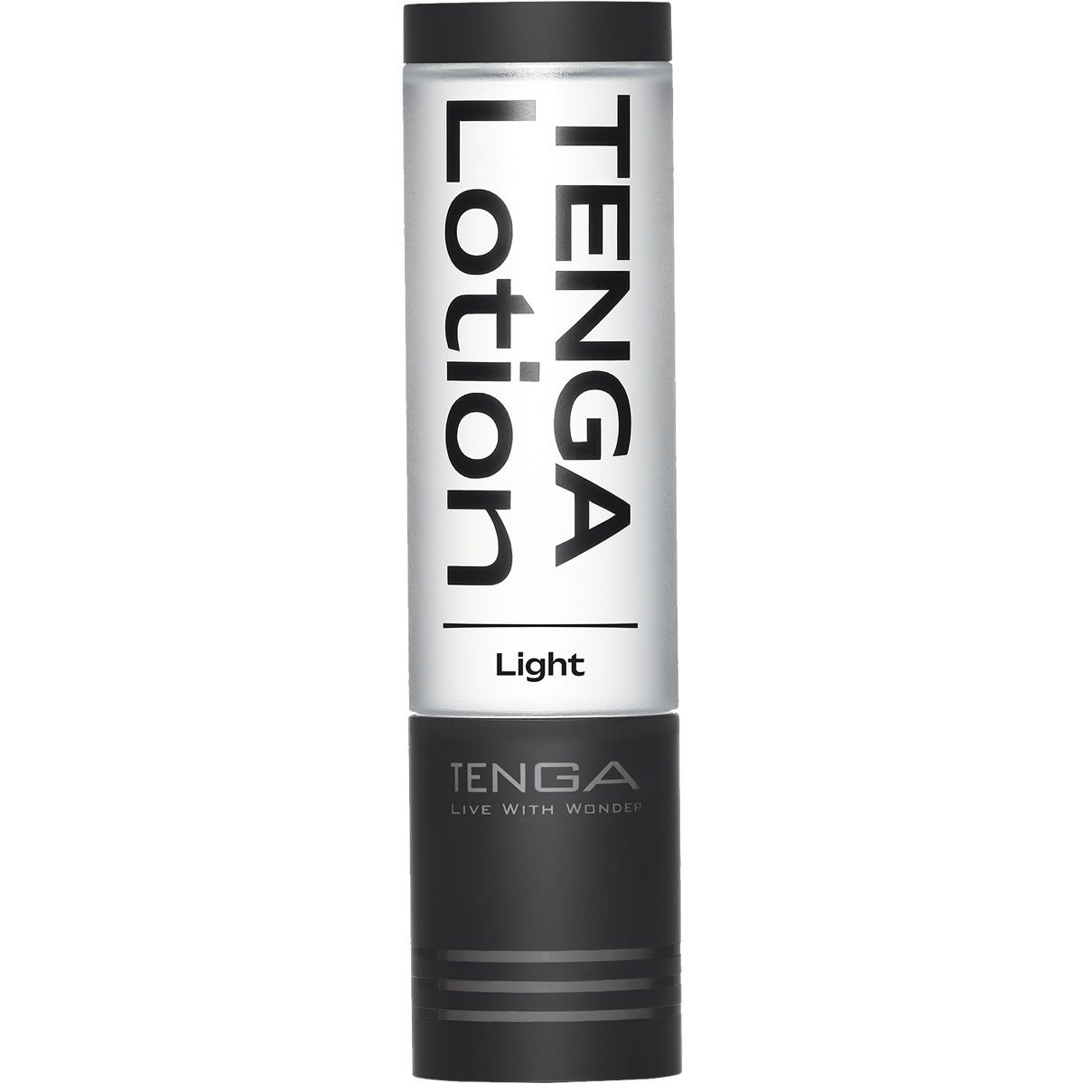 Zylindrische Flasche mit schwarzem Boden und Deckel. Aufschrift: TENGA Lotion Light.