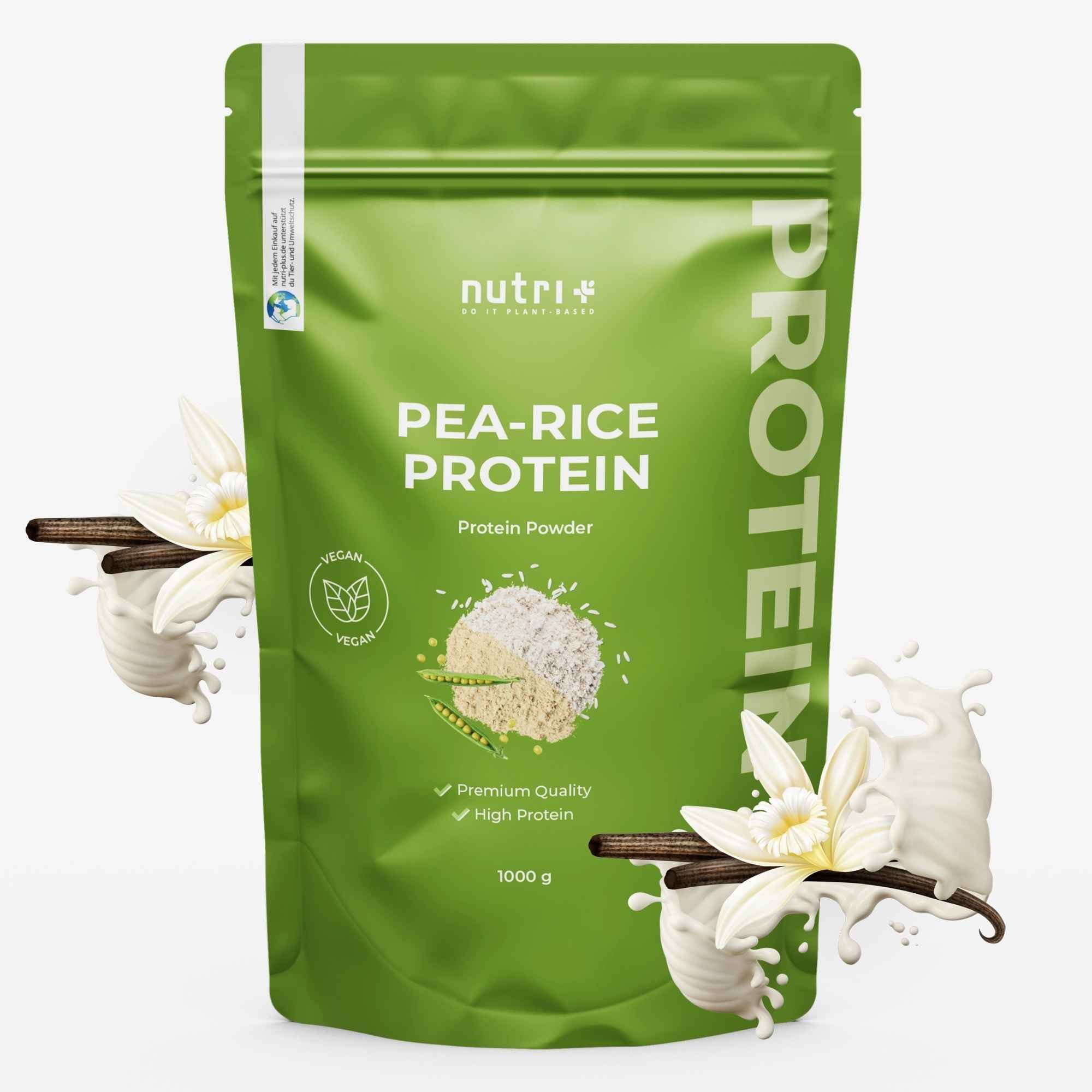 Grüner Beutel mit nutri+ Erbsen-Reis-Protein, 1000g. Mit Vanilleblüten und Erbsen.