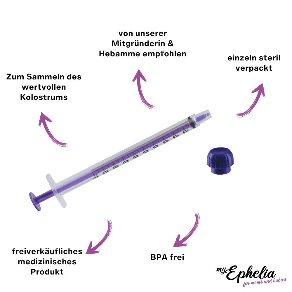 Einzelne Spritze mit lila Kolben und Verschlusskappe. Text: BPA frei, einzeln steril verpackt, myEphelia.