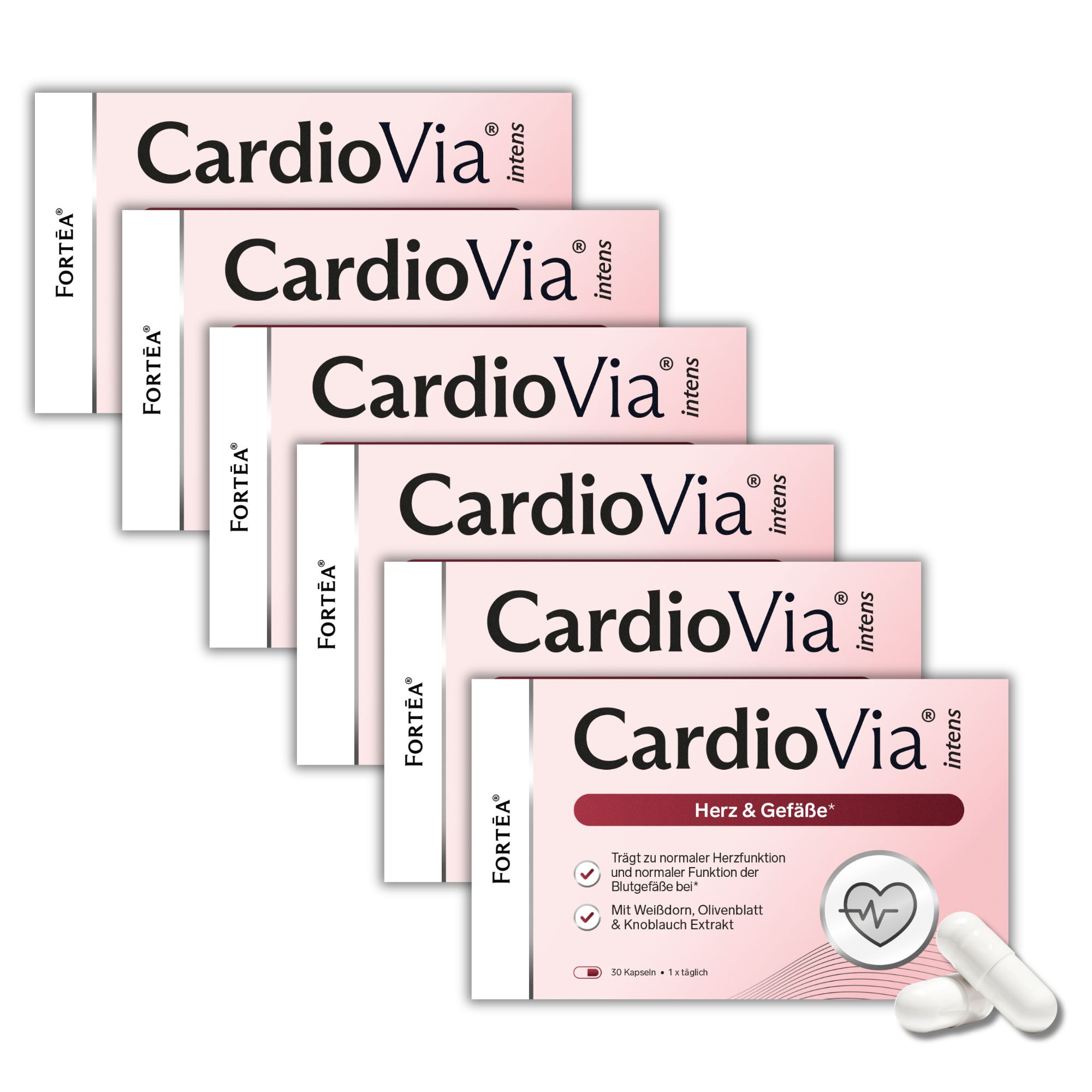 Sechs Packungen CardioVia® intens Herz & Gefäße.
