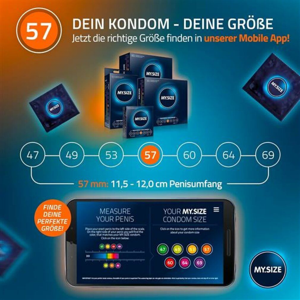 Werbebild mit Kondomverpackungen und Smartphone. Zeigt Größen von 47 bis 69 mm. Smartphone zeigt App zur Größenbestimmung.