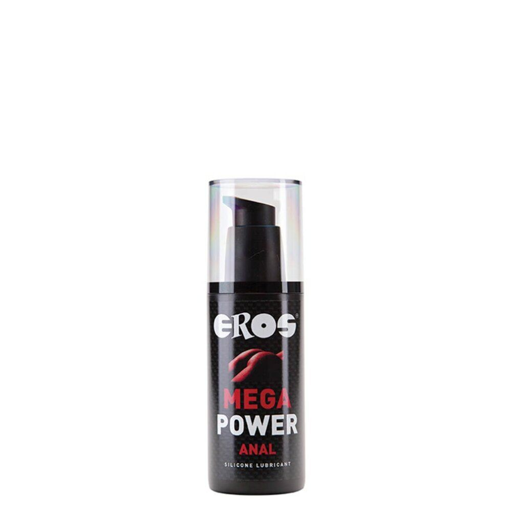 Schwarze Flasche mit Pumpe. Aufschrift: EROS MEGA POWER ANAL SILICONE LUBRICANT. Transparentes Etikett.