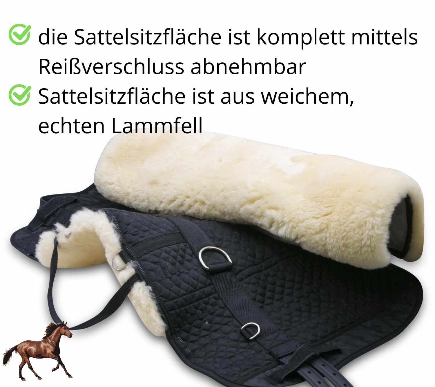 Sattel mit abnehmbarer Sitzfläche aus Lammfell. Text: Die Sattelsitzfläche ist komplett mittels Reißverschluss abnehmbar. Sattelsitzfläche ist aus weichem, echtem Lammfell.
