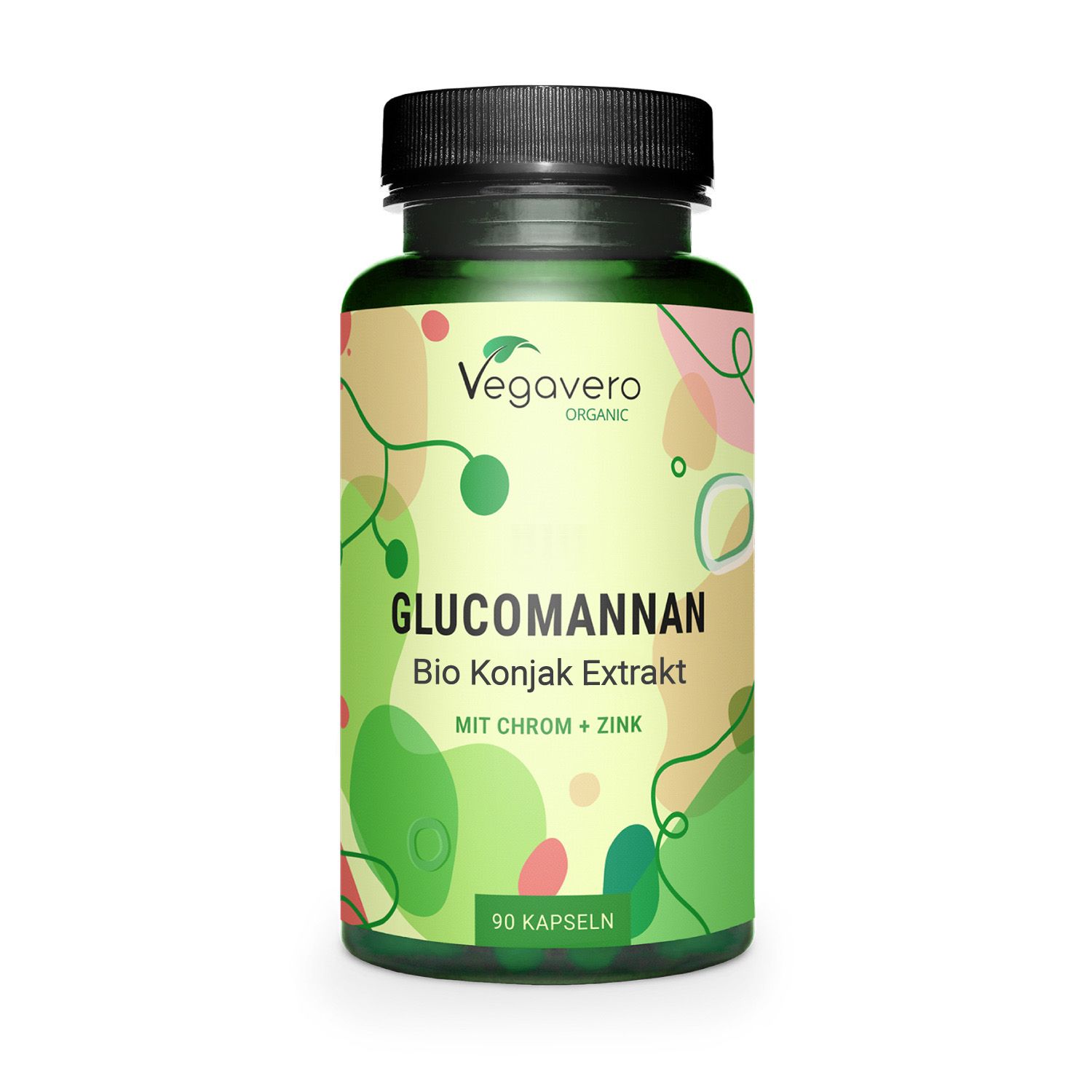 Grüne Flasche mit schwarzen Deckel. Aufschrift: Glucomannan Bio Konjak Extrakt, Mit Chrom + Zink. 90 Kapseln. Vegavaro Organic.