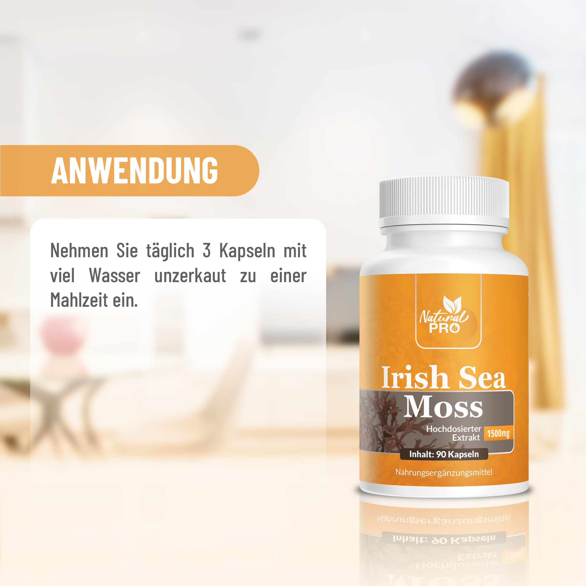 Flasche mit orangefarbenem Etikett. Beschriftung: Irish Sea Moss, 1500mg, 90 Kapseln. Natural Pro Logo. Anwendungshinweis.
