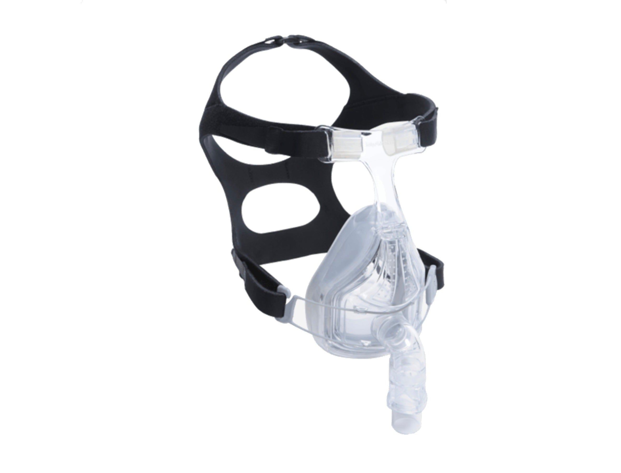 Transparente Vollgesichtsmaske mit schwarzem Kopfband und verstellbaren Clips.