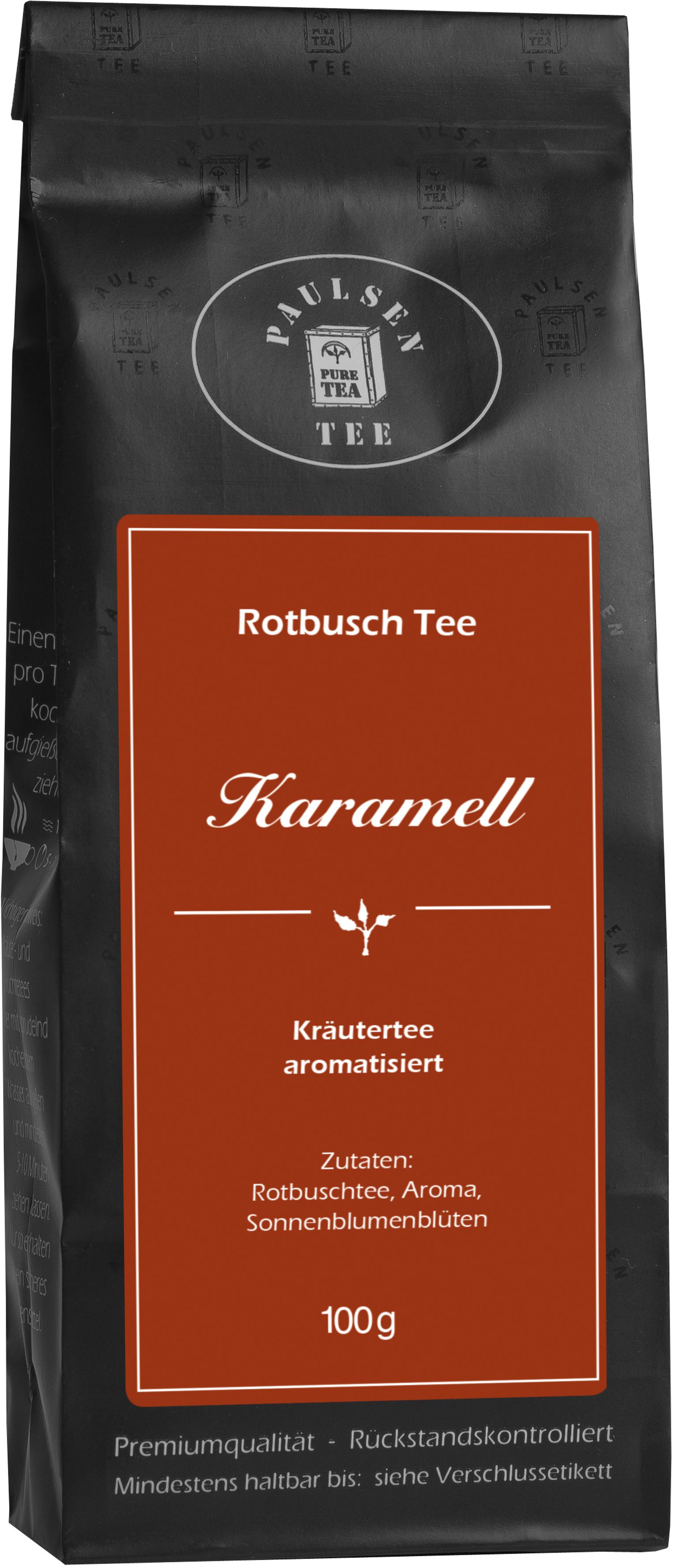 Schwarze Verpackung mit rotem Etikett. Aufschrift: Paulsen Tee, Rotbusch Tee Karamell, Kräutertee aromatisiert. 100g.